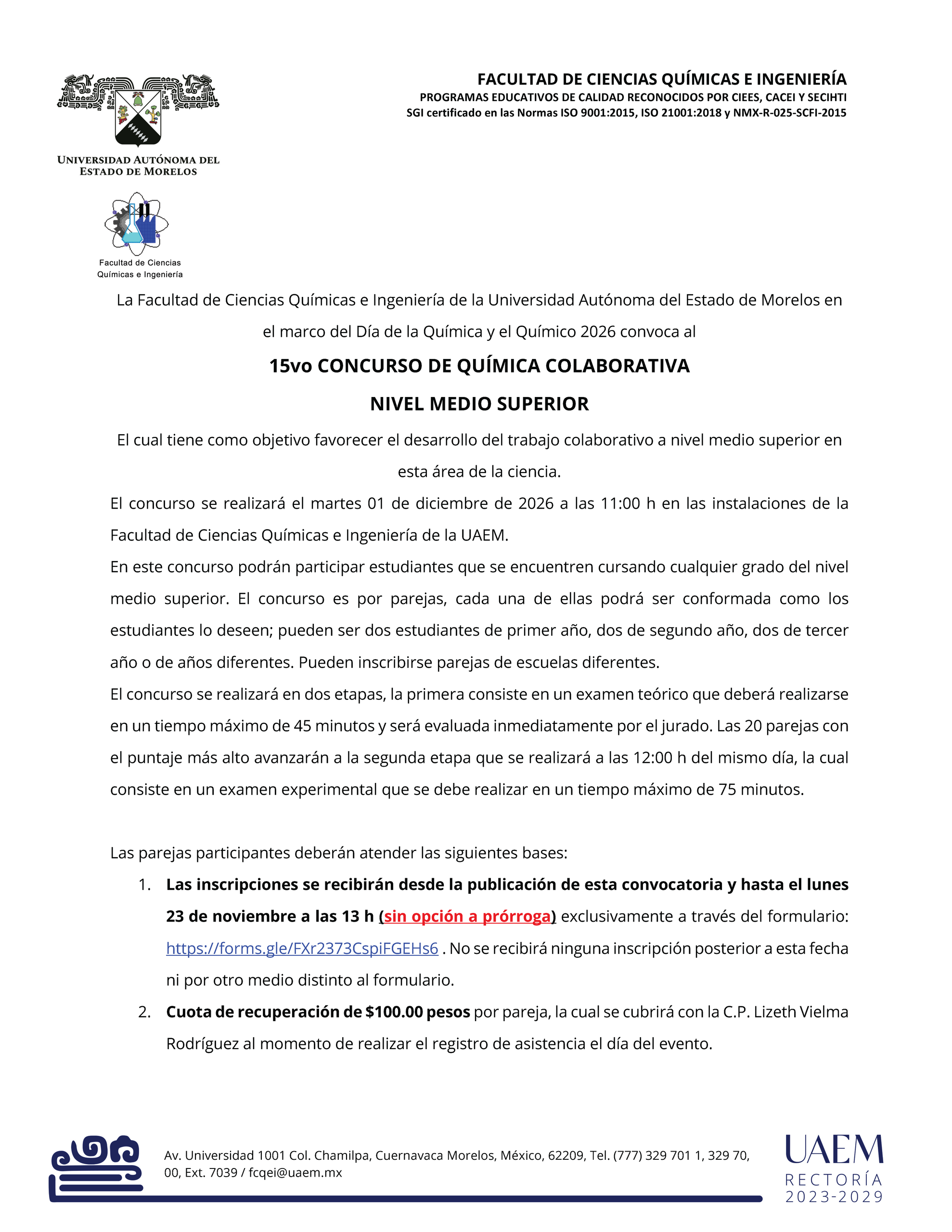 CONVOCATORIA 15vo CONCURSO DE QUÍMICA COLABORATIVA NIVEL MEDIO SUPERIOR