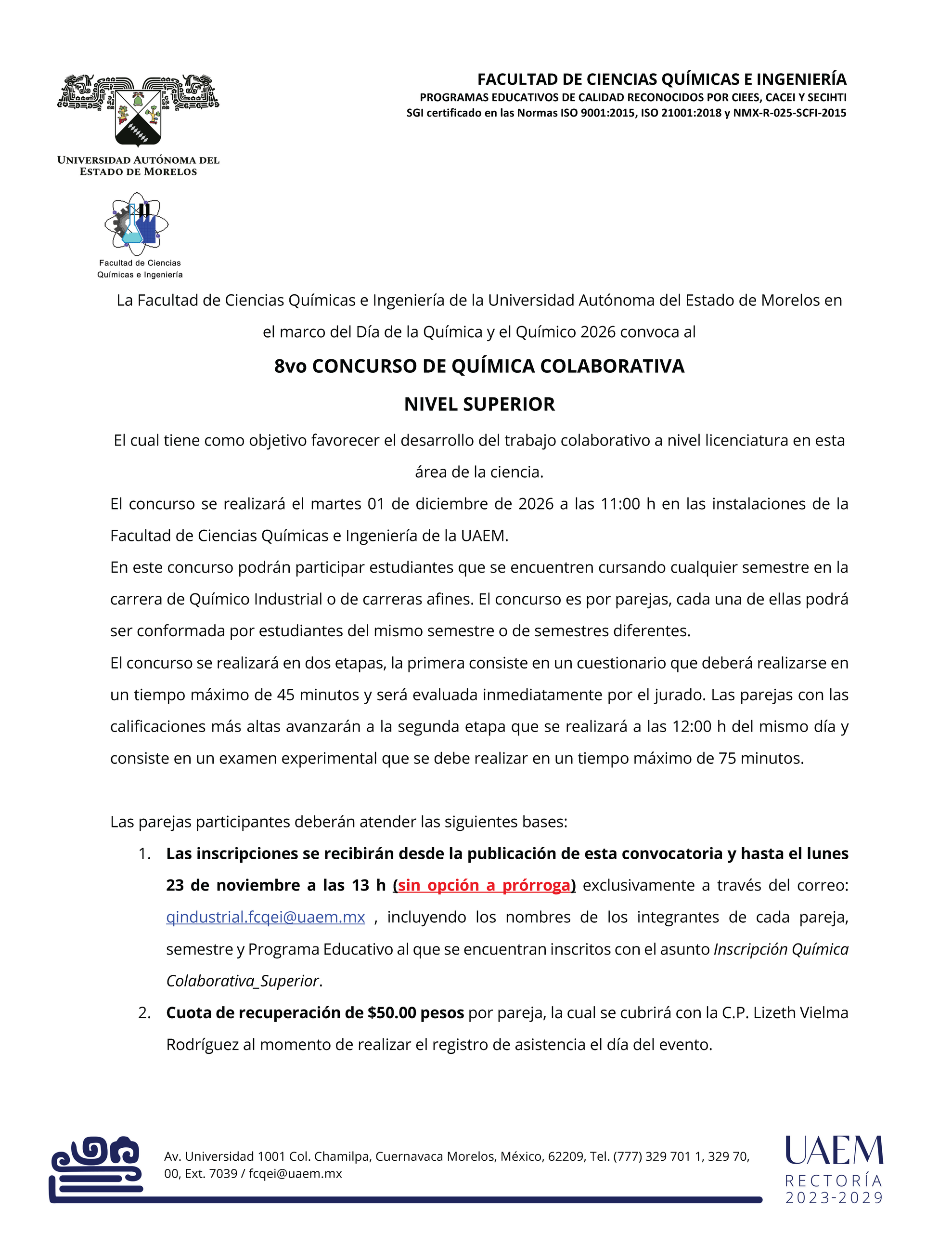 CONVOCATORIA  8vo. CONCURSO DE QUÍMICA COLABORATIVA NIVEL SUPERIOR